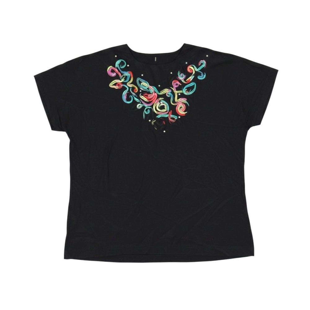 VTG SAINT GERMAIN PARIS Black SATIN Wearable Art RHINESTONES Button BLOUSE/TOP S